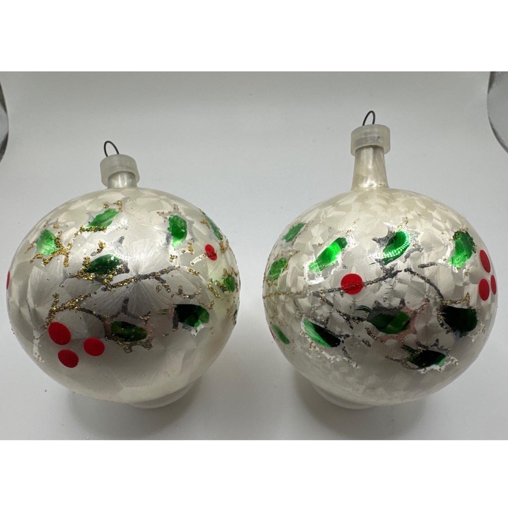 Vintage Columbia USA White Crystalline Glass Holly Berry Christmas Ornaments 2pc